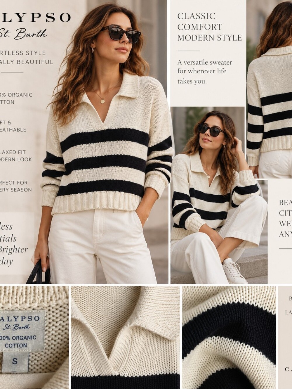 NWT Calypso St. Barth Striped Polo Collar Sweater 100% Organic Cotton Size L